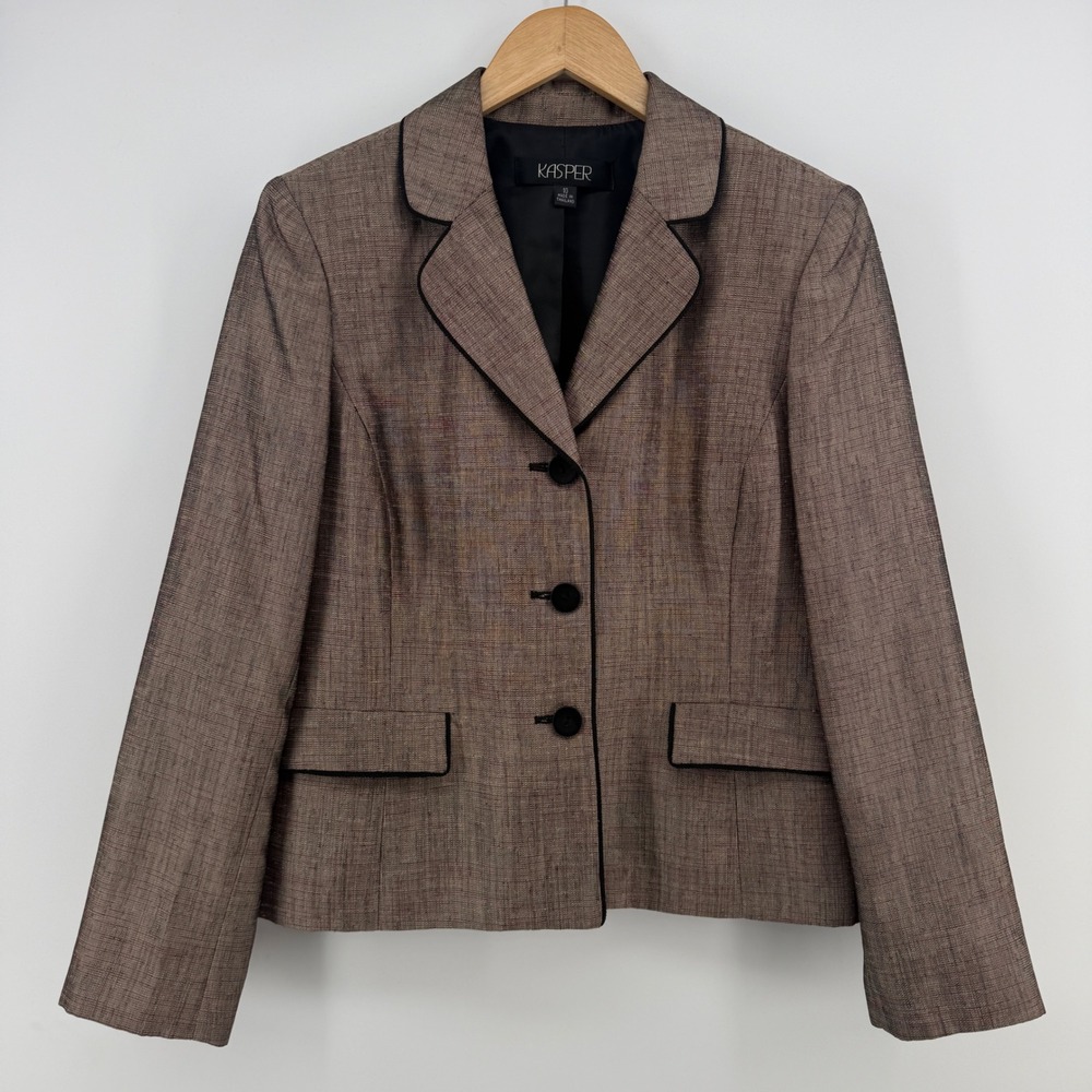 Kasper Womens Brown Textured 3-Button Blazer Piped Trim Professional Jacket 10